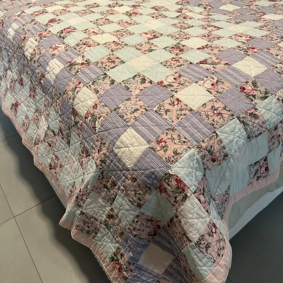 Vintage Patchwork Quilt Blanket Pastel Color Floral Striped Cottagecore 62x72